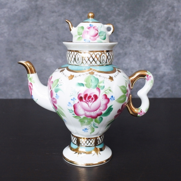 Vintage Lomonosov Imperial Russian Porcelain Light Day Pink Blue Floral Teapot - Picture 4 of 8